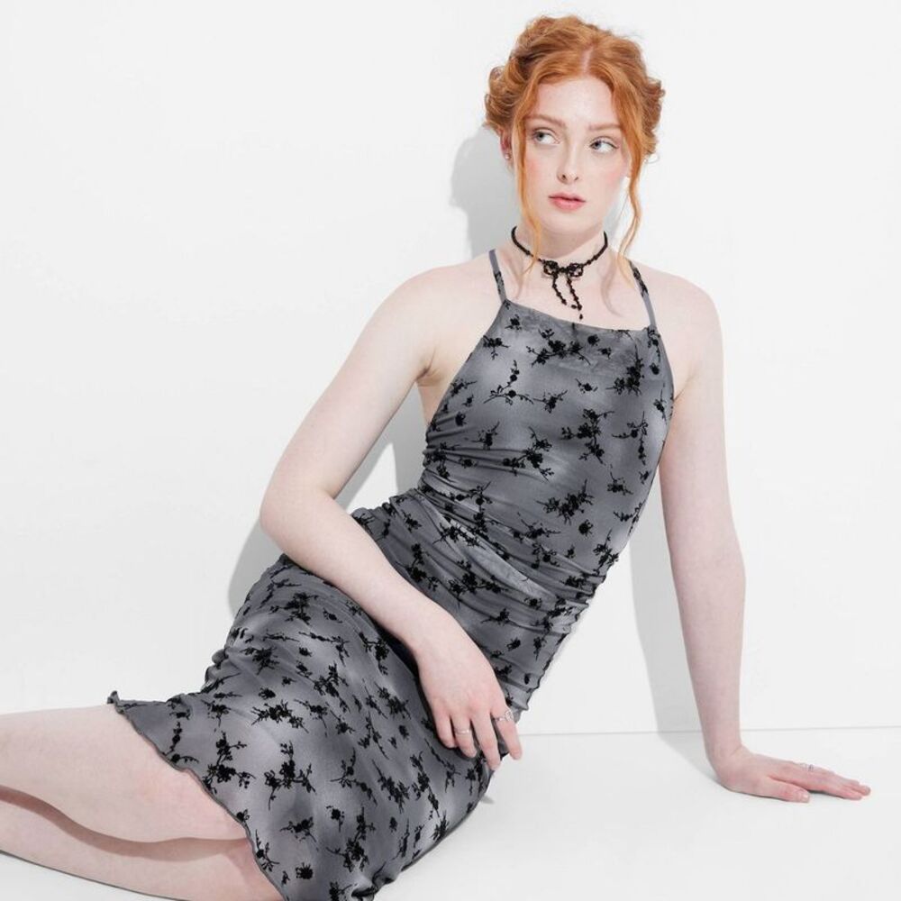 Women's Flocked Mesh Midi Slip Dress - Wild Fable Gray/Black Floral S